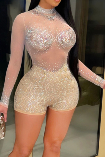 plus size 2 colors summer rhinestone long sleeve stretch mesh see through sexy playsuit