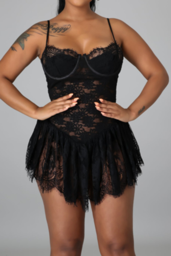 Plus size 4 colors new stylish summer lace see through sling sexy micro elastic playsuit (with steel ring)