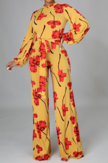 autumn flowers batch printing plus size zip-up stretch new stylish flare jumpsuit (with belt)