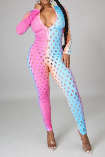 plus size multicolor batch printing autumn long sleeve hollow out zip-up stretch tight jumpsuit