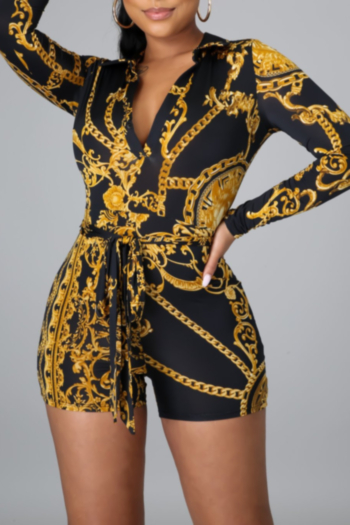 autumn hollow out plus size long sleeve batch printing stretch playsuit (with belt)