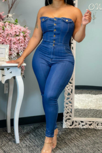 summer plus size solid color strapless single breasted micro elastic fashion tight denim jumpsuit