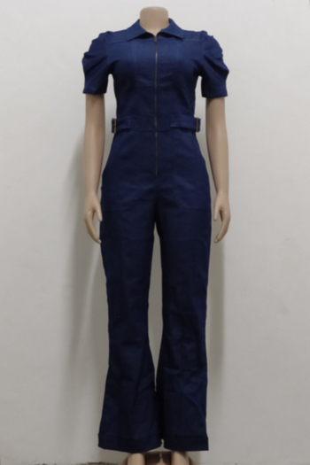 Autumn new plus size micro-elastic turndown collar zip-up pockets stylish flare denim jumpsuit
