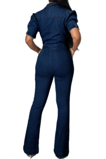 Autumn new plus size micro-elastic turndown collar zip-up pockets stylish flare denim jumpsuit