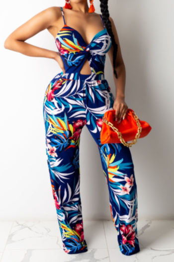 plus size summer leaf batch printing sling hollow out new stylish wide leg stretch blue jumpsuit