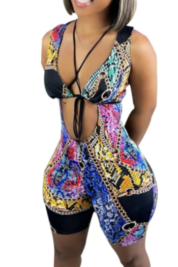 summer multicolor snakeskin batch printing hollow out plus size lace-up sexy stretch playsuit