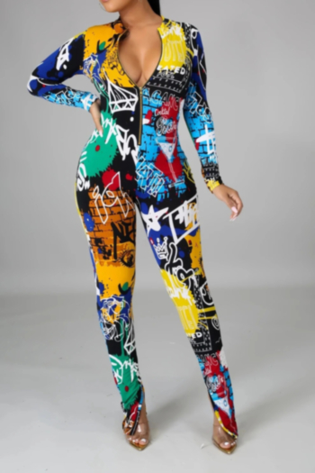 autumn plus size multicolor batch printing zip-up new fashion stretch tight jumpsuit