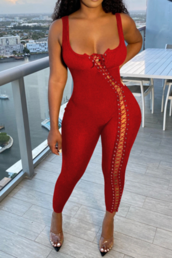 four colors solid color plus size sleeveless hollow out lace-up stretch tight jumpsuit