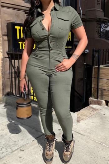 New plus size solid color micro-elastic turndown collar single-breasted pockets stylish jumpsuit