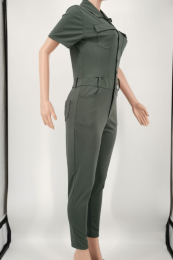 New plus size solid color micro-elastic turndown collar single-breasted pockets stylish jumpsuit