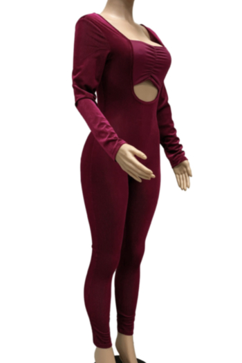 Autumn three colors new stylish hollow out gold velvet stretch tight jumpsuit