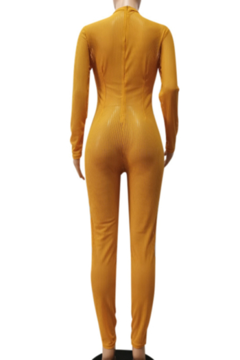 Plus size autumn 4 colors back zip-up hollow out see through sexy stretch tight jumpsuit (no lining)