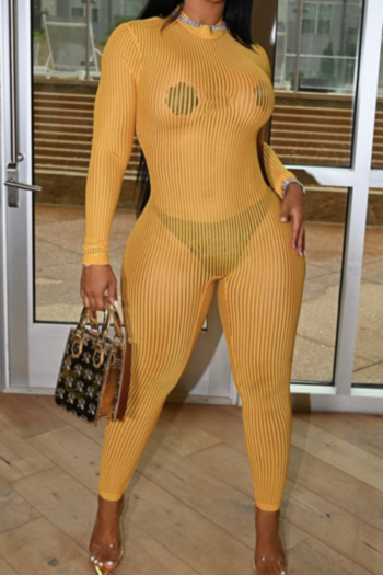 Plus size autumn 4 colors back zip-up hollow out see through sexy stretch tight jumpsuit (no lining)