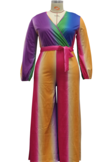 Plus size autumn XL-5XL multicolor batch printing v-neck wide-legs stretch loose jumpsuit (with belt)