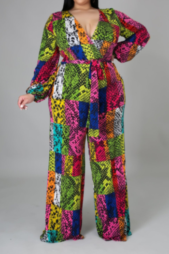 Plus size autumn XL-5XL multicolor snakeskin batch printing v-neck wide-legs stretch loose jumpsuit (with belt)