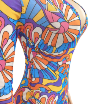 Plus size early autumn multicolor batch printing deep v-neck mesh sexy stretch tight slim playsuit