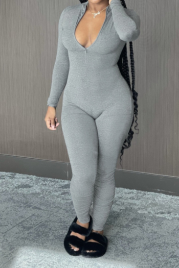 autumn new plus size solid color stretch zip-up stylish curvy skinny jumpsuit