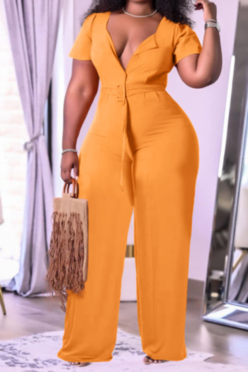 plus size solid color micro-elastic square-neck single-breasted pockets wide-leg stylish jumpsuit with belt