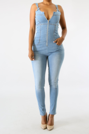 summer new stylish zip-up sleeveless backless buttons micro elastic slim denim jumpsuit