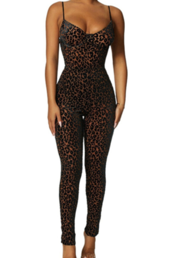 Summer new style sling mesh flocked leopard batch printing tight jumpsuits