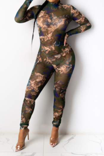 plus size batch printing mesh zip-up half high collar stretch autumn sexy jumpsuit (without lining)