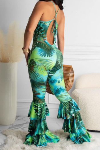 new plus size leaf batch printing backless lace-up ruffle sexy flare jumpsuit