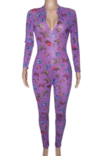 Early autumn new plus size butterflies printing micro see through mesh stretch zip-up curvy sexy skinny jumpsuit