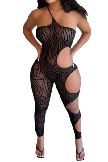 Summer plus size batch printing hollow out one shoulder mesh see through sexcy stretch jumpsuit