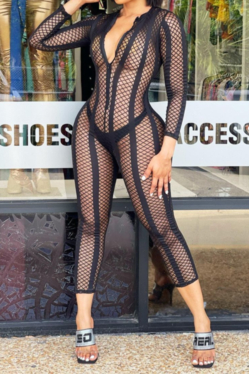 Early autumn zip-up plus size new stylish grid see through no lining stretch sexy jumpsuit