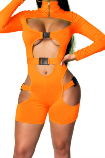autumn plus size solid color stretch hollow thumb-hole zip-up fast-buckle design sexy night club style skinny playsuit