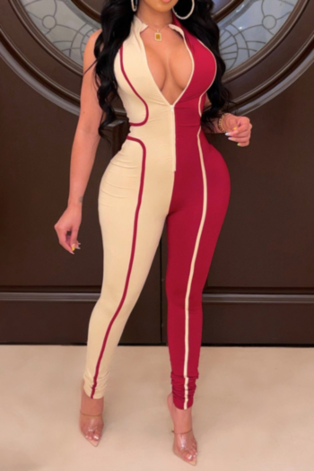 summer plus size new stylish contrast color zip-up sleeveless tight stretch jumpsuit
