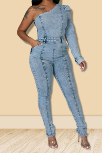 autumn new micro-elastic one-shoulder zip-up side pockets stylish casual denim jumpsuit