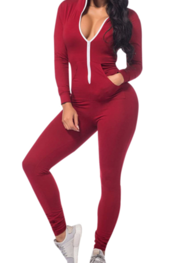 plus-size solid color hoodie zip-up pocket stretch simple tight jumpsuits