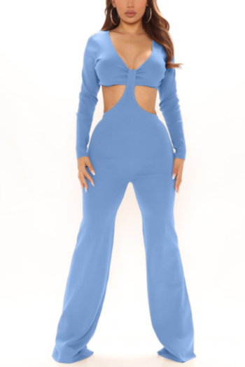 autumn new plus size solid color stretch v-neck hollow sexy stylish jumpsuit