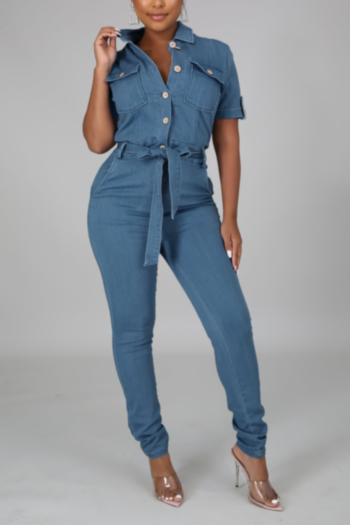 two colors solid color single breasted pockets micro elastic summer new stylish denim jumpsuit (with belt)