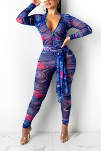 mesh see through plus size zip-up autumn batch printing high elastic sexy jumpsuit (with belt)