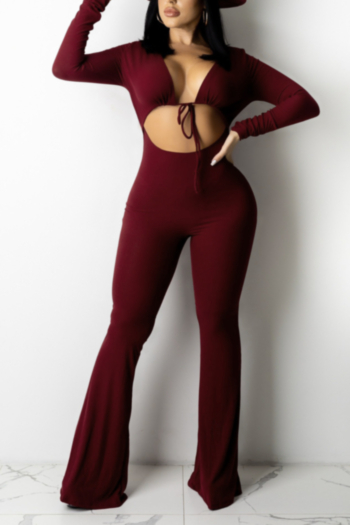 lace-up plus size autumn 3 colors hollow out stretch sexy new stylish flare ribbed jumpsuit