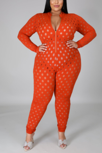 xl-5xl autumn new see through cutout stretch zip-up stylish sexy jumpsuit (without lining)