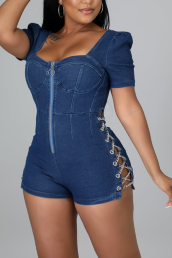 summer plus size solid color new stylish zip-up chain micro elastic sexy slim playsuit