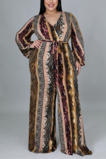 l-4xl autumn new leopard snake mixed printing stretch v-neck wide-leg floor length stylish loose jumpsuit with belt