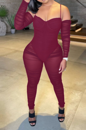 early autumn new stylish solid color  plus size stretch sling mesh see-through with lining sexy jumpsuit(with one pair of sleeves)