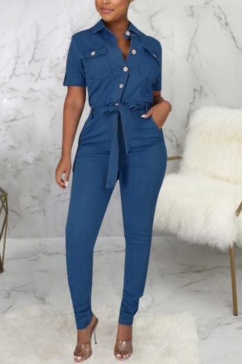 summer new stylish simple single-breasted pocket micro-elastic plus size casual denim jumpsuit(with belt)