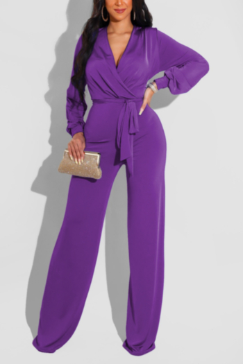 autumn new stylish simple pure color stretch plus size casual jumpsuit(with belt)