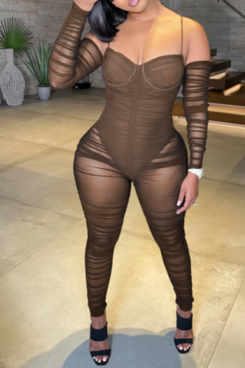 early autumn new stylish solid color stitching mesh see through stretch sexy sling jumpsuit (with lining)