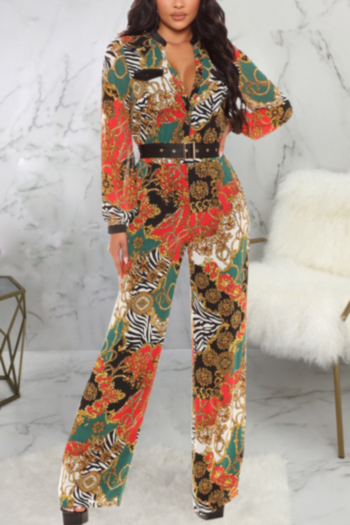 autumn new stylish plus size stretch multicolor batch printing single-breasted casual jumpsuit(without belt)