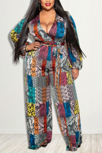 xl-5xl autumn new multicolor snake printing stretch v-neck wide-leg floor length stylish jumpsuit with belt