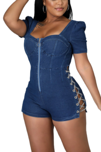 summer plus size micro-elastic square-neck zip-up backless hollow side eyelet metal-chain stylish denim playsuit