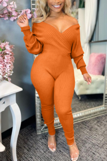 plus size 7 colors solid color v-neck autumn stretch simple slim new stylish ribbed jumpsuit