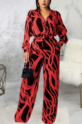 autumn new stylish batch printing loose single-breasted plus size casual jumpsuit(with belt)