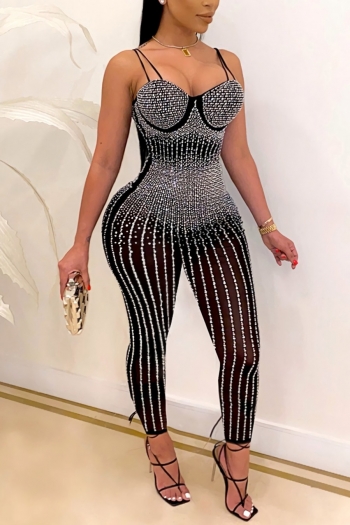summer new stylish rhinestone stretch zip-up mesh patchwork see-through padded plus size sling sexy jumpsuit